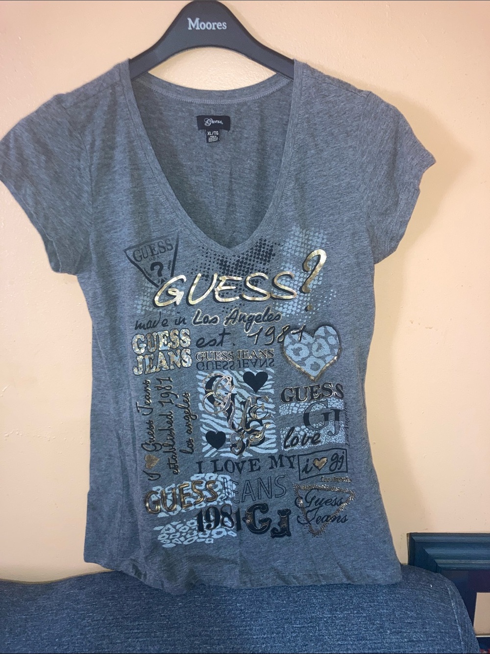 Guess Gray V-Neck Logo Tee with Gold Accents